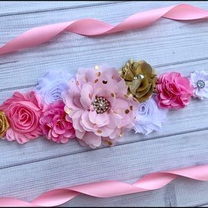 Pink ,White and Gold Maternity Sash Flower Belt